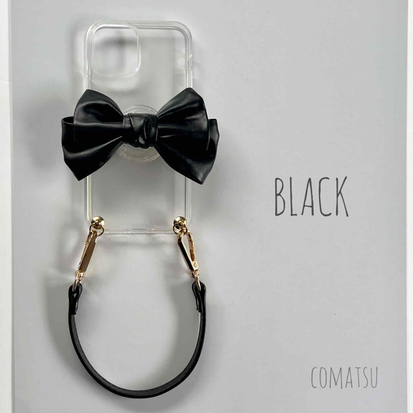 【全機種対応】大ぶりPUレザーりぼん スマホケース グリップソケット+ハンドストラップ付き スマホカバー 4枚目の画像