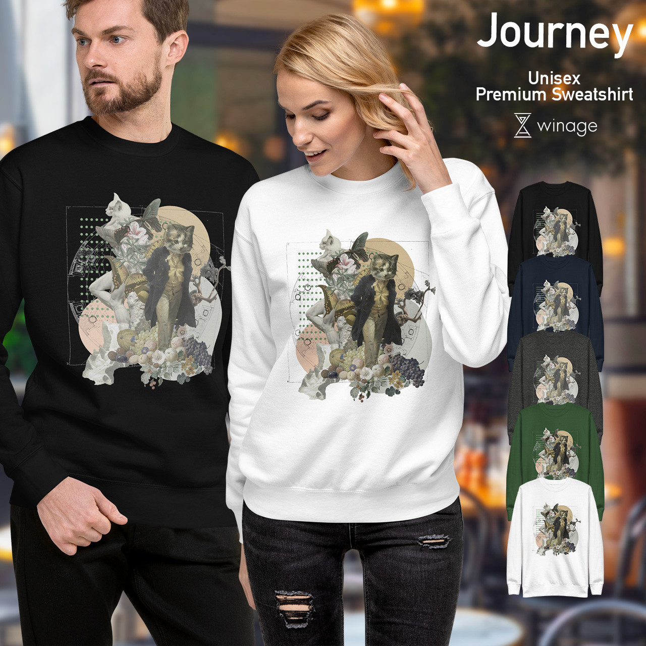 コラージュスウェット「Journey」 ユニセックス 8.5オンス ホワイト グリーン チャコール ネイビー ブラック