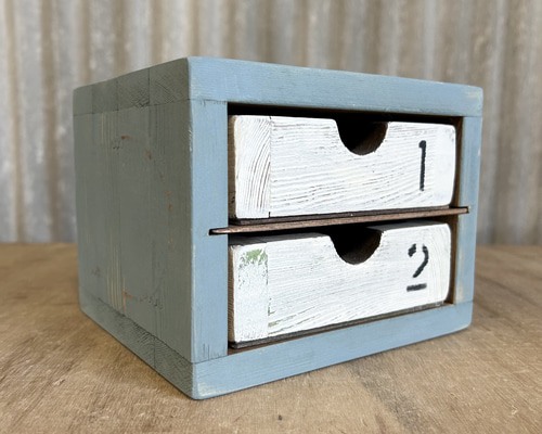 木製小物入れ 2段引き出し　ヴィンテージ 2段引き出しボックス】木製 小物入れ アンティーク風 古材風 木箱 収納