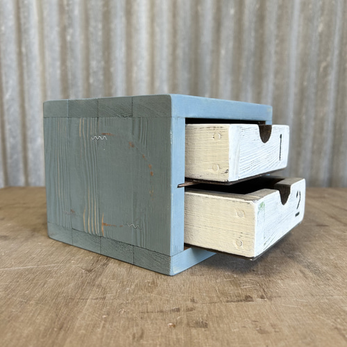 2段引き出しボックス】木製 小物入れ アンティーク風 古材風 木箱 収納