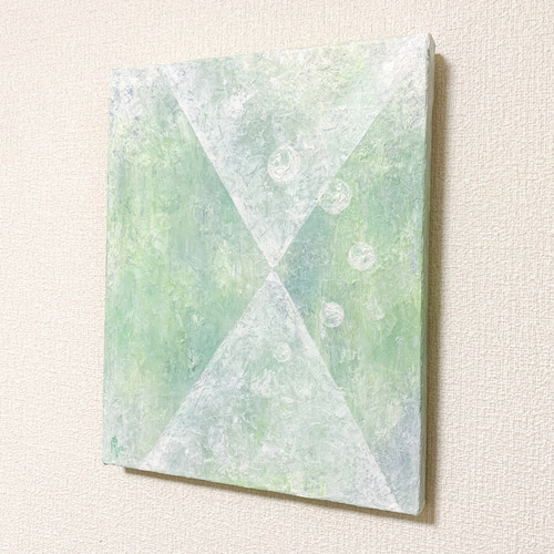 原画 油絵 森林時計 砂時計のアート 抽象画 F3号 ミントグリーン