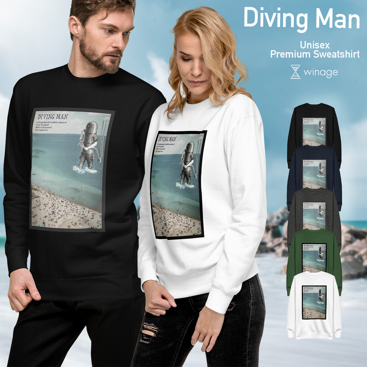 コラージュスウェット「Diving Man」ニセックス 8.5オンス ホワイト グリーン チャコール ネイビー ブラック