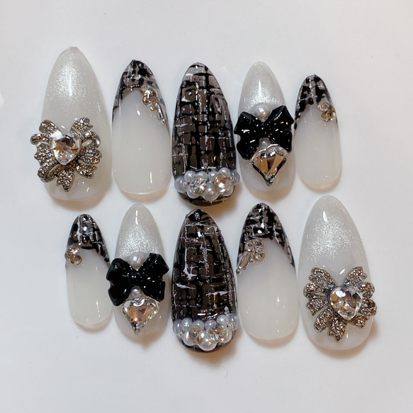 ネイルチップ現品オーダー量産型フレンチガーリーツイード韓国ワンホン