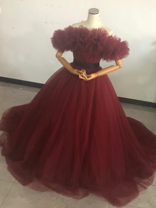 上品！カラードレス ボルドー色 オフショルダー サッシュベルト チュールドレス クラシカル