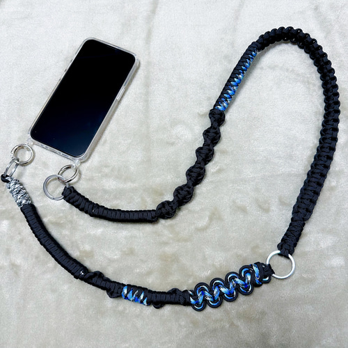 パラコードスマホストラップ✳︎太め・115cm✳︎黒+青 ネック