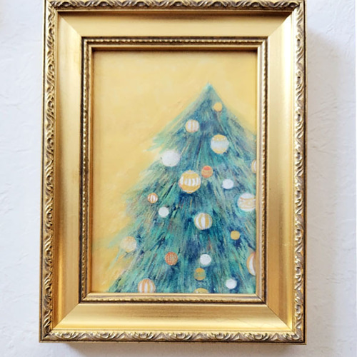 額付き原画)お洒落なクリスマスツリー アート 手のひらサイズ 日本画 