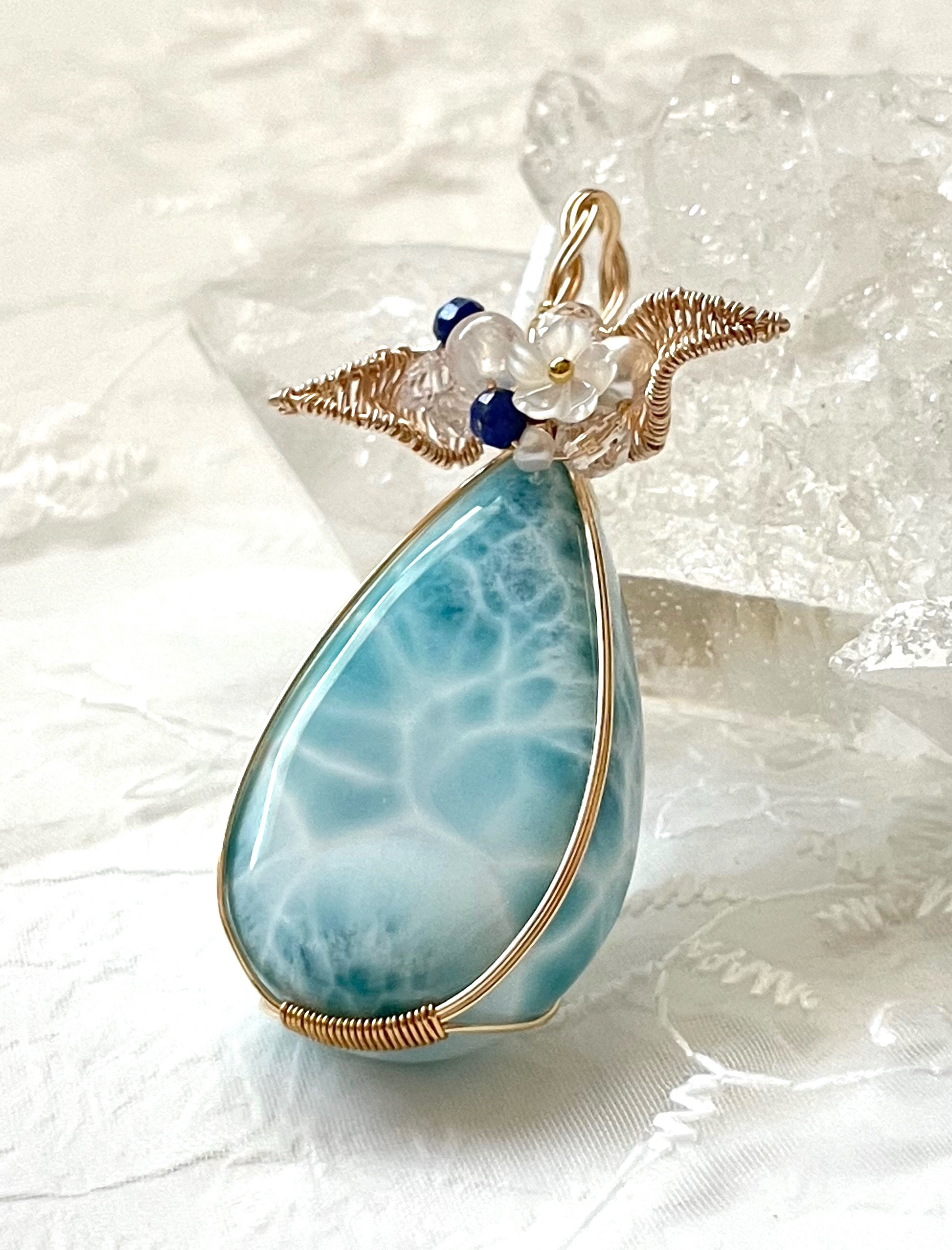 ラリマー　ペンダントトップ(天然石　天然石アクセサリー　ワイヤーアクセサリー　高品質　透明感　カリビアンブルー　波模様)