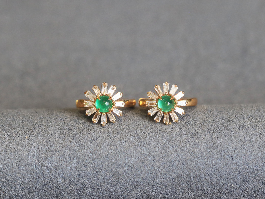 天然ダイヤモンド付きエメラルドピアスk18