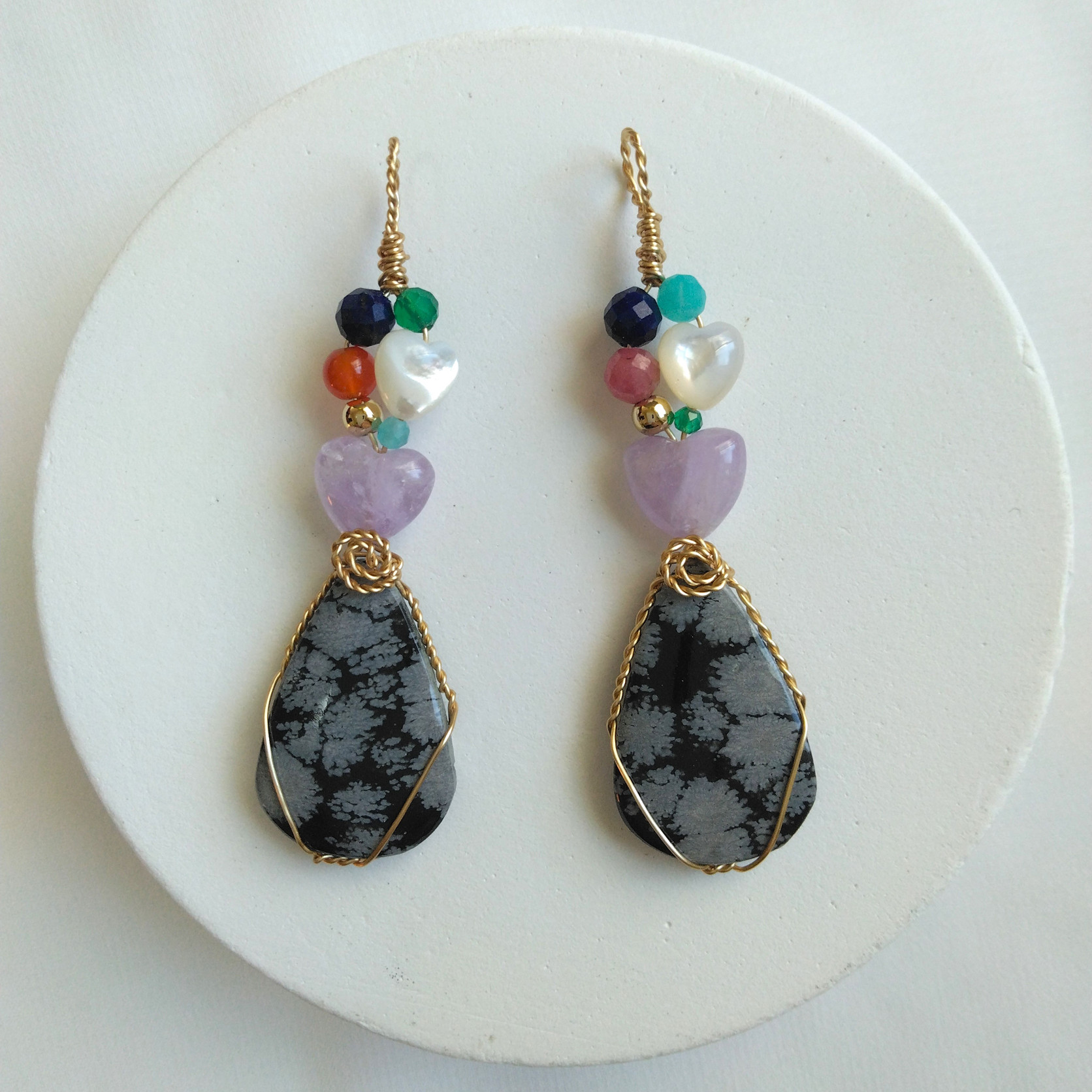 スノーフレーク　天然石　ワイヤーペンダント　No.P73