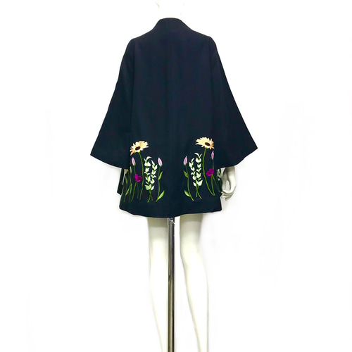 横振り刺繍 花柄 スタンドカラー ウールコートジャケット ブラック