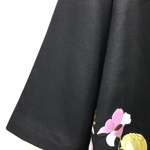 横振り刺繍 花柄 スタンドカラー ウールコートジャケット ブラック