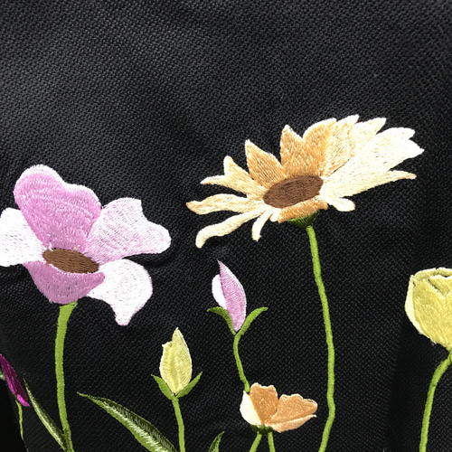 横振り刺繍 花柄 スタンドカラー ウールコートジャケット ブラック