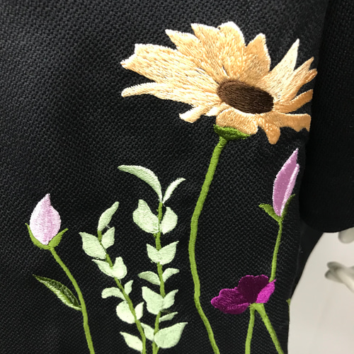 横振り刺繍 花柄 スタンドカラー ウールコートジャケット ブラック