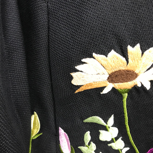 横振り刺繍 花柄 スタンドカラー ウールコートジャケット ブラック