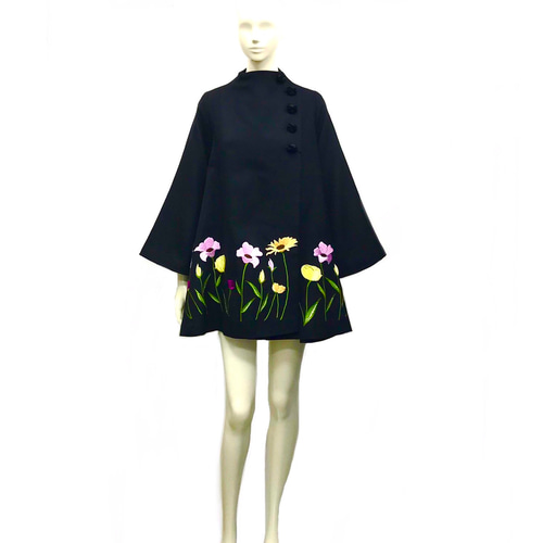 横振り刺繍 花柄 スタンドカラー ウールコートジャケット ブラック