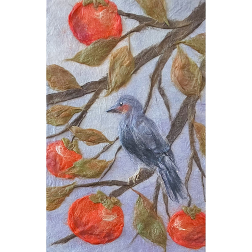 和紙ちぎり絵『柿とヒヨドリ』葉書サイズ原画 切り絵 彩紘工房