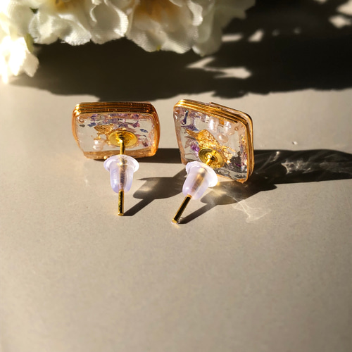 花びらスクエアピアス ハンドメイド レジン フラワー 普段使い