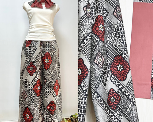 着物ワイドパンツ【菜】 正絹 ハンドメイド 着物パンツ【紋b】黒留袖 正絹 ハンドメイド リメイクワイド