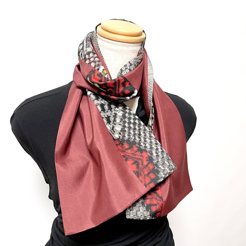 赤×黒＊銘仙すっきりAラインスカート＋ストール＊裏地付き＊着物