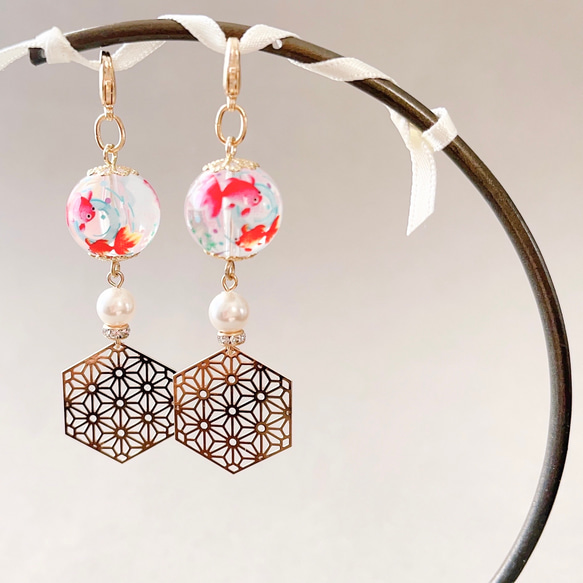 ✴︎金魚✴︎ 和風ピアスみたいなマスクチャーム【Hijiri】和柄　和装　パール 3枚目の画像