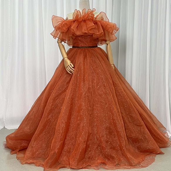 テラコッタカラードレス オフショルダードレス ストレート Aライン 結婚式 オフショルダー Aラインドレス テラコッタ（W274TE）