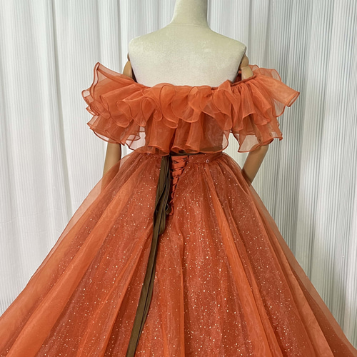 送料無料！カラードレス テラコッタ色 取り外しオフショルダー