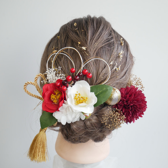 A313 赤白 椿 ドライフラワー 髪飾り 成人式 卒業式 前撮り 結婚式