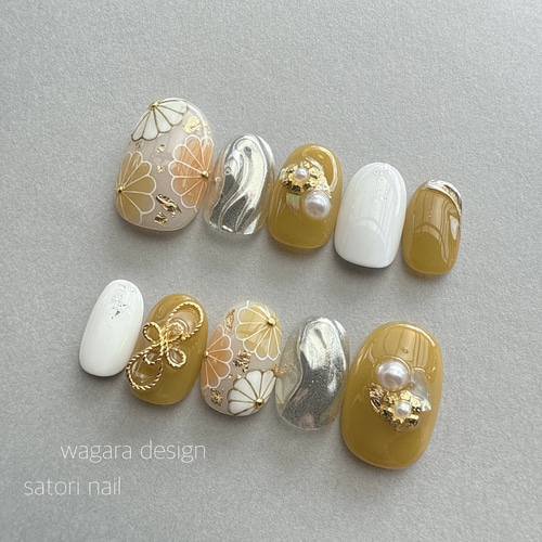 和柄イエロー ネイルチップ 成人式 卒業式 ブライダル ネイルチップ