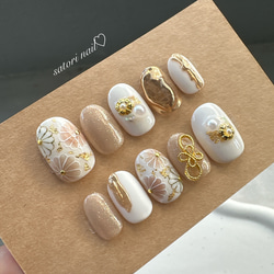 和柄ベージュ　ネイルチップ　成人式　卒業式　ブライダル 2枚目の画像