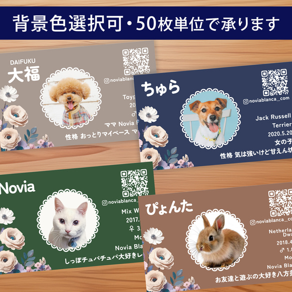 【受注後制作】背景色を選べる ペット名刺 50枚 フラワー no.01 1枚目の画像