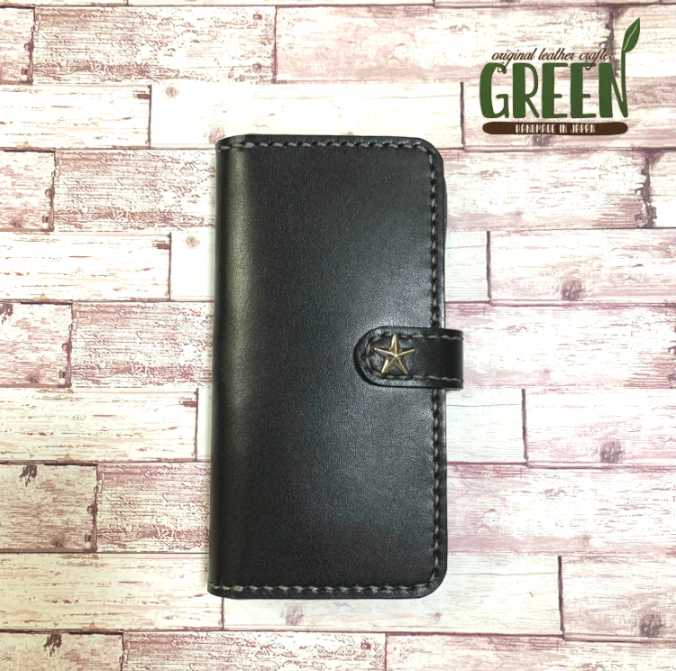 栃木レザー　ブラック　iPhoneケース　　手帳型　本革　スタッズ　星　スマホケース　本革　カードケース付き　ベルト