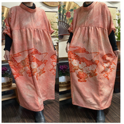 着物リメイクワンピース♪74♪総絞り♪116cm 赤の総絞りの羽織りからのワンピース👗👗💓💓 羽織りからでも