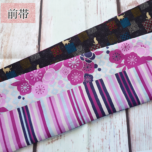 ob120 フック付き ワンタッチ二部式作り帯 一重太鼓結び 猫 つけ帯