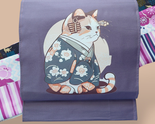ob120 フック付き ワンタッチ二部式作り帯 一重太鼓結び 猫 つけ帯