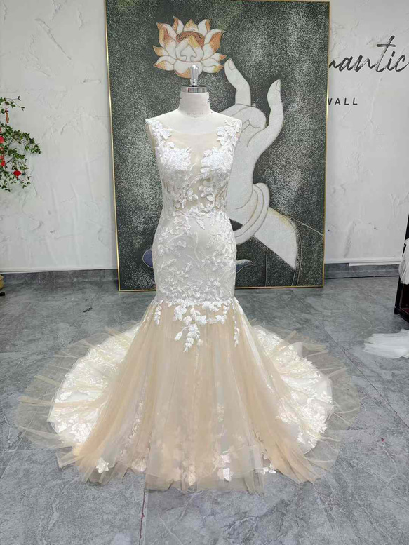 見逃さない！クイーンアン 深めvネック 贅沢な総レース シャンパン色  