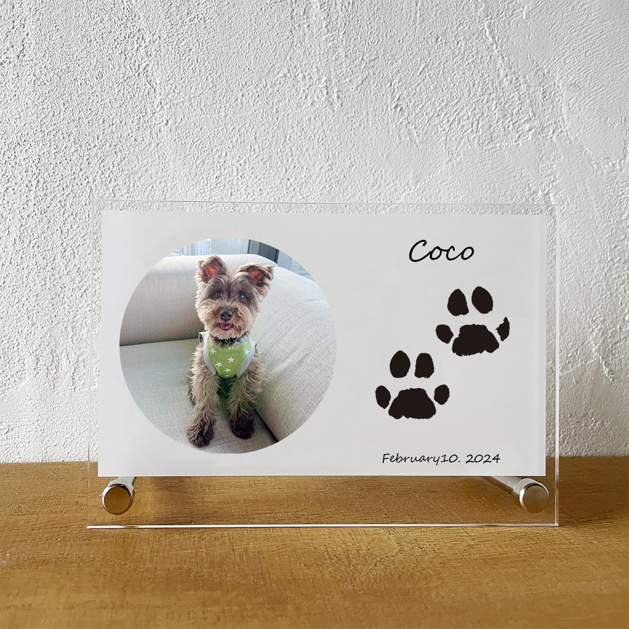 選べる色！★肉球形両足★写真付犬猫【思い出 記念 成長記録に】アクリルフォトスタンド 背景白（〜足形4cm前後）