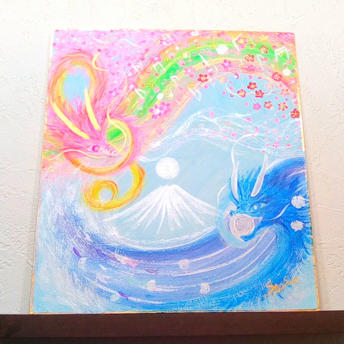 風水幸せ絵画＊吉祥 空海 春色花咲メロディ〜花龍海龍〜富士山