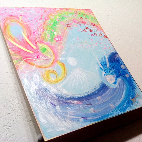 風水幸せ絵画＊吉祥 空海 春色花咲メロディ〜花龍海龍〜富士山
