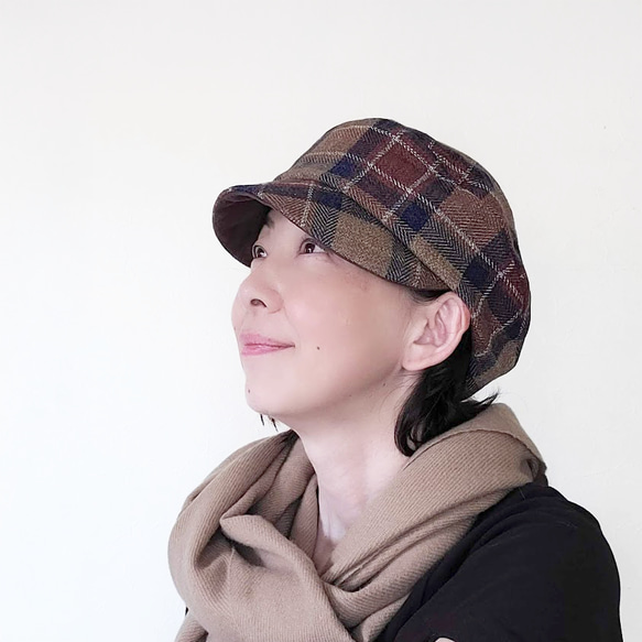 ころん キャスケット コットンツイード ブラウン チェック コンパクト Sサイズ 帽子 2枚目の画像