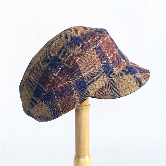 ころん キャスケット コットンツイード ブラウン チェック コンパクト Sサイズ 帽子 3枚目の画像