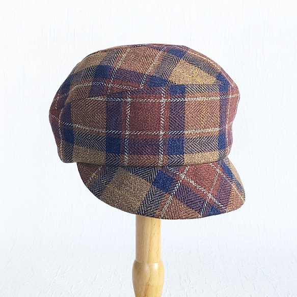 ころん キャスケット コットンツイード ブラウン チェック コンパクト Sサイズ 帽子 1枚目の画像