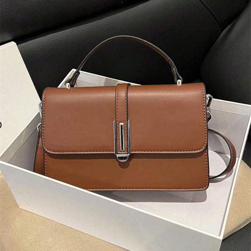 シンプル金属ハンドルフラップ スクエアショルダーバッグ、レディース