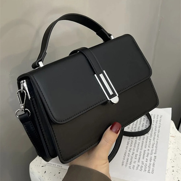シンプル金属ハンドルフラップ スクエアショルダーバッグ、レディース