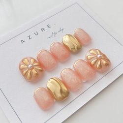 ミラーネイルフラワーネイルナチュラルネイルピンクネイルオレンジネイル夏ネイルオーロラネイルチップコーラルピンク春夏振袖 1枚目の画像