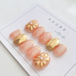 ミラーネイルフラワーネイルナチュラルネイルピンクネイルオレンジネイル夏ネイルオーロラネイルチップコーラルピンク春夏振袖 2枚目の画像