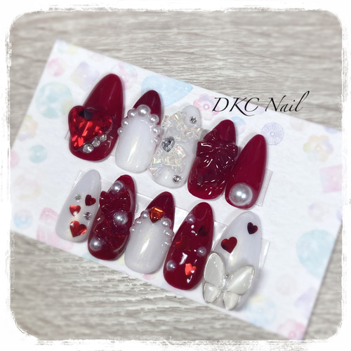 現品ネイルチップ＊大人かわいい韓国ネイル 量産型 地雷系 赤×白