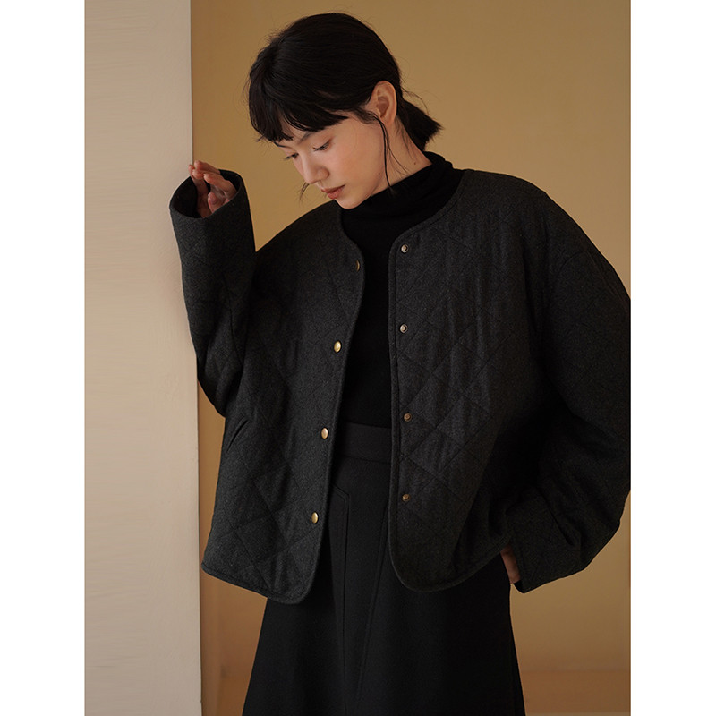 ウール混紡ジャケット　中綿キルティングジャケット　グレー　S-XL#657