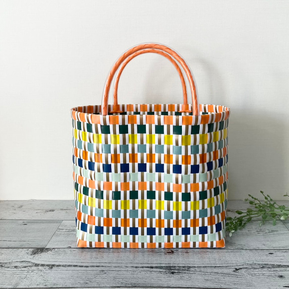 即納】プラカゴバッグ Lサイズ マルチボーダー柄 オレンジ系
