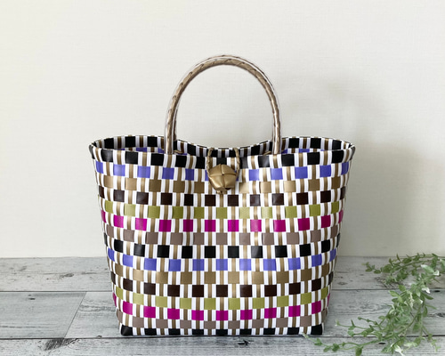 プラカゴバッグ Lサイズ マルチボーダー柄 ゴールド系 プラカゴ pp