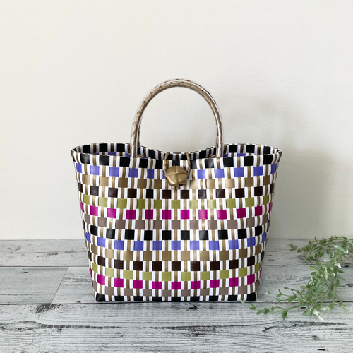 プラカゴバッグ Lサイズ マルチボーダー柄 ゴールド系 プラカゴ pp